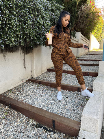 Basic Leopard Button Down Jogger Set